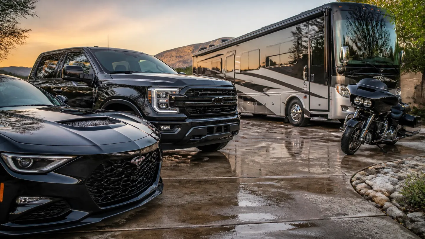 A black truck, sports car, RV, and motorcycle after professional detailing